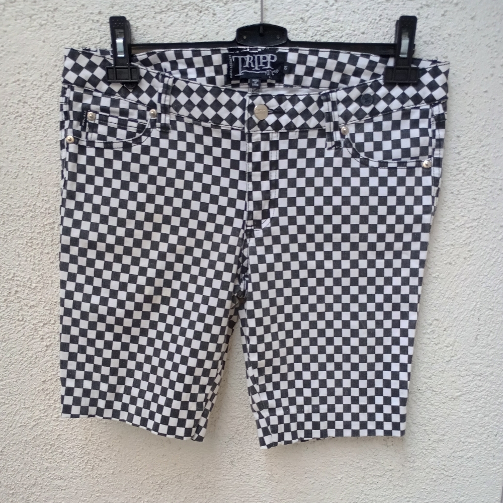 Tripp NYC Black and White Checkered Jean Shorts Streetwear Punk Goth Moto Y2K